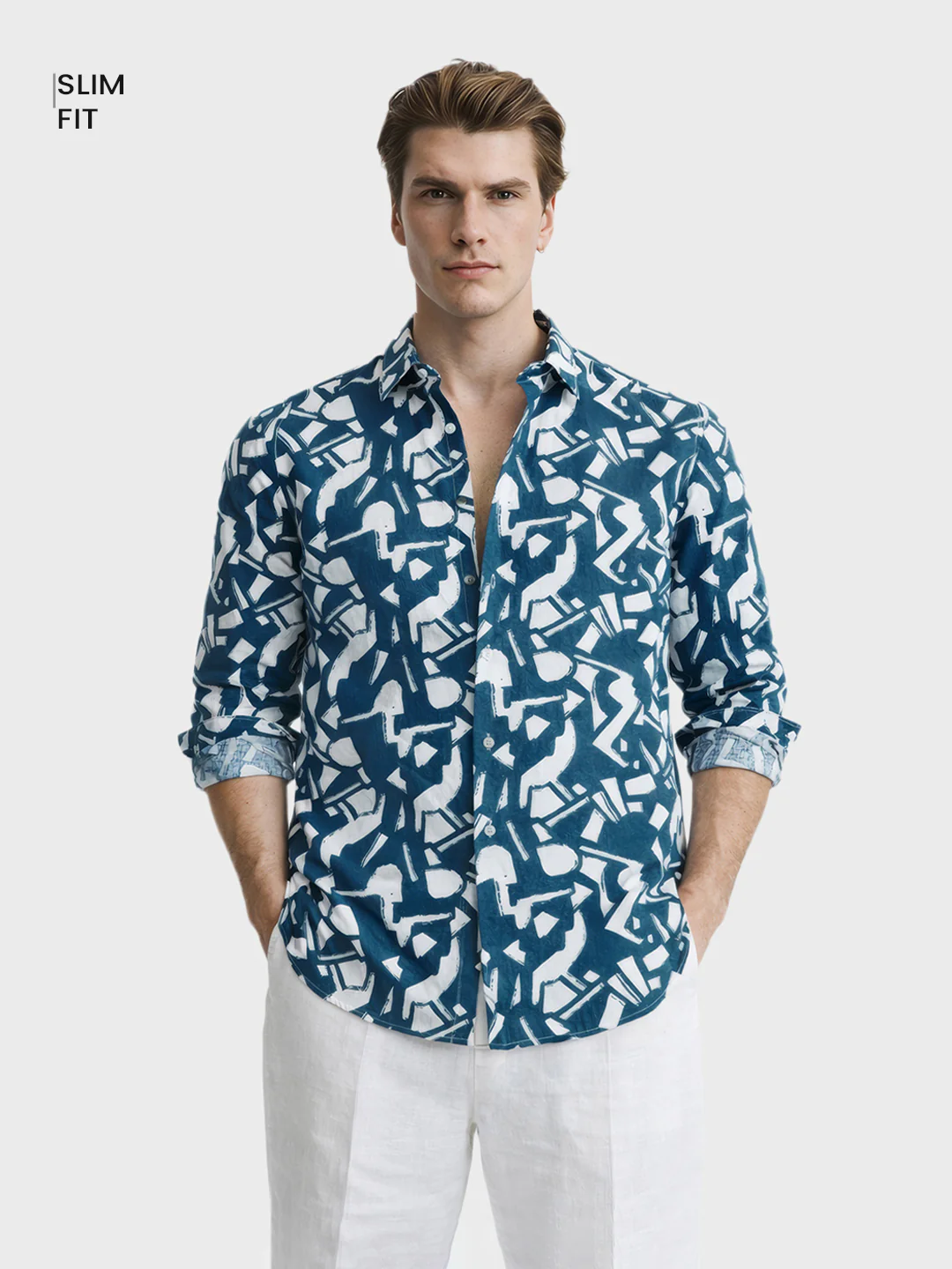 Men's Blue Slim Fit Printed Casual Shirts - Image 2