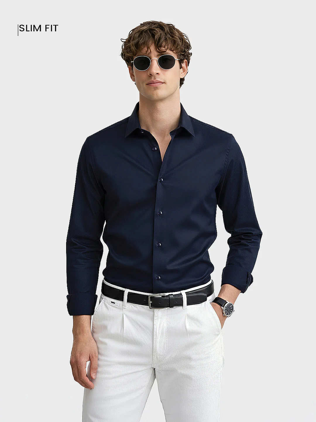 Men's Blue Slim Fit Solid Casual Shirt - Image 2