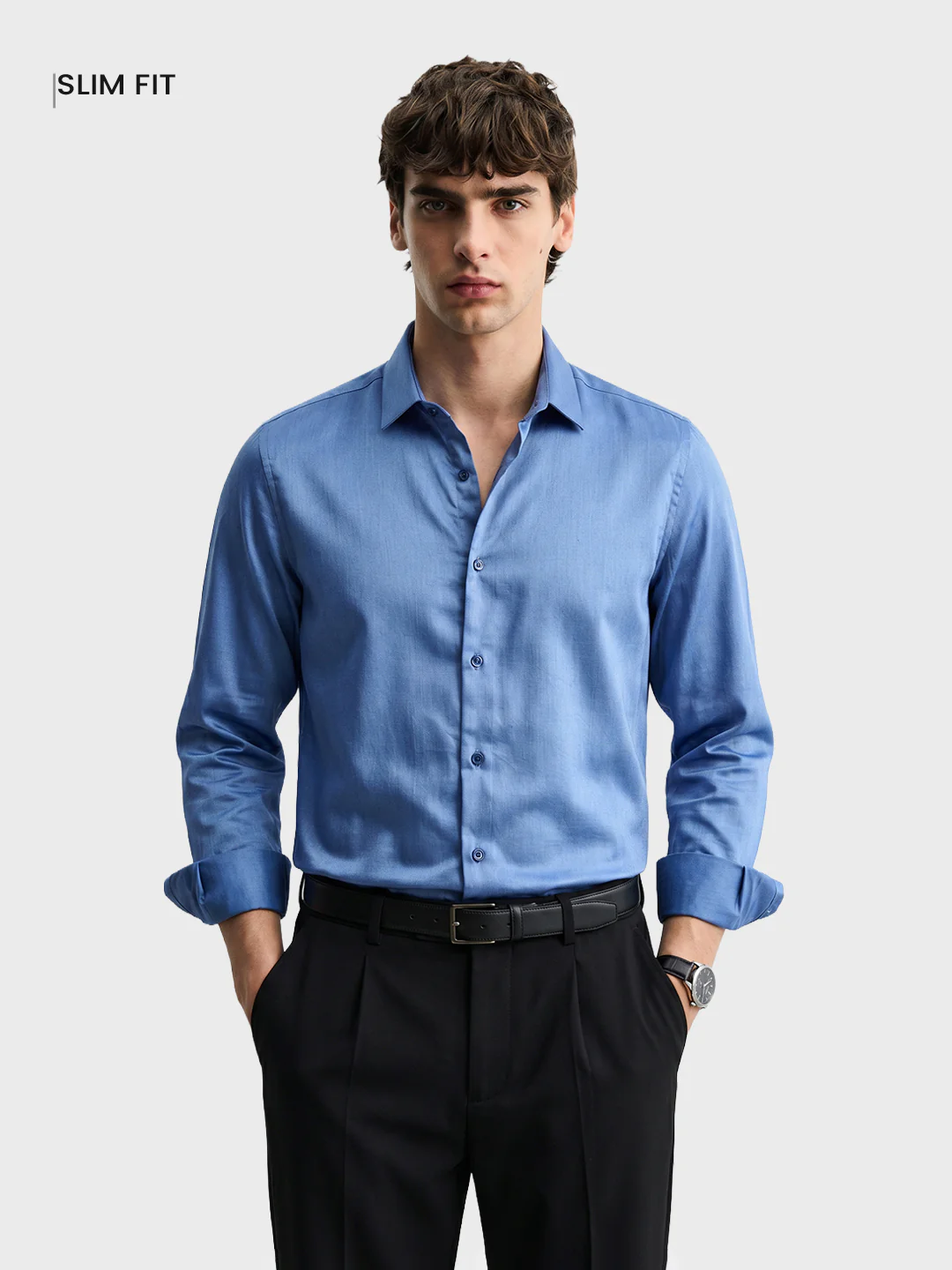 Men's Blue Slim Fit Solid Casual Shirts - Image 2