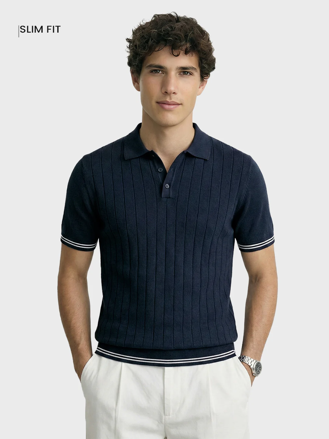 Men's Blue Slim Fit Solid Flat Knit T-Shirt - Image 2