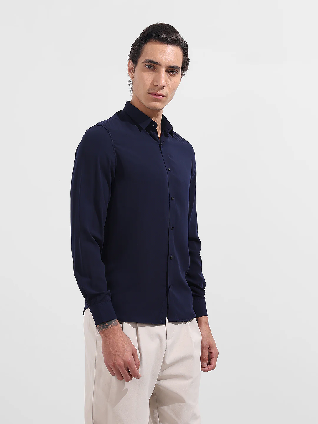 Men's Blue Slim Fit Solid Party Wear Shirt - Image 3
