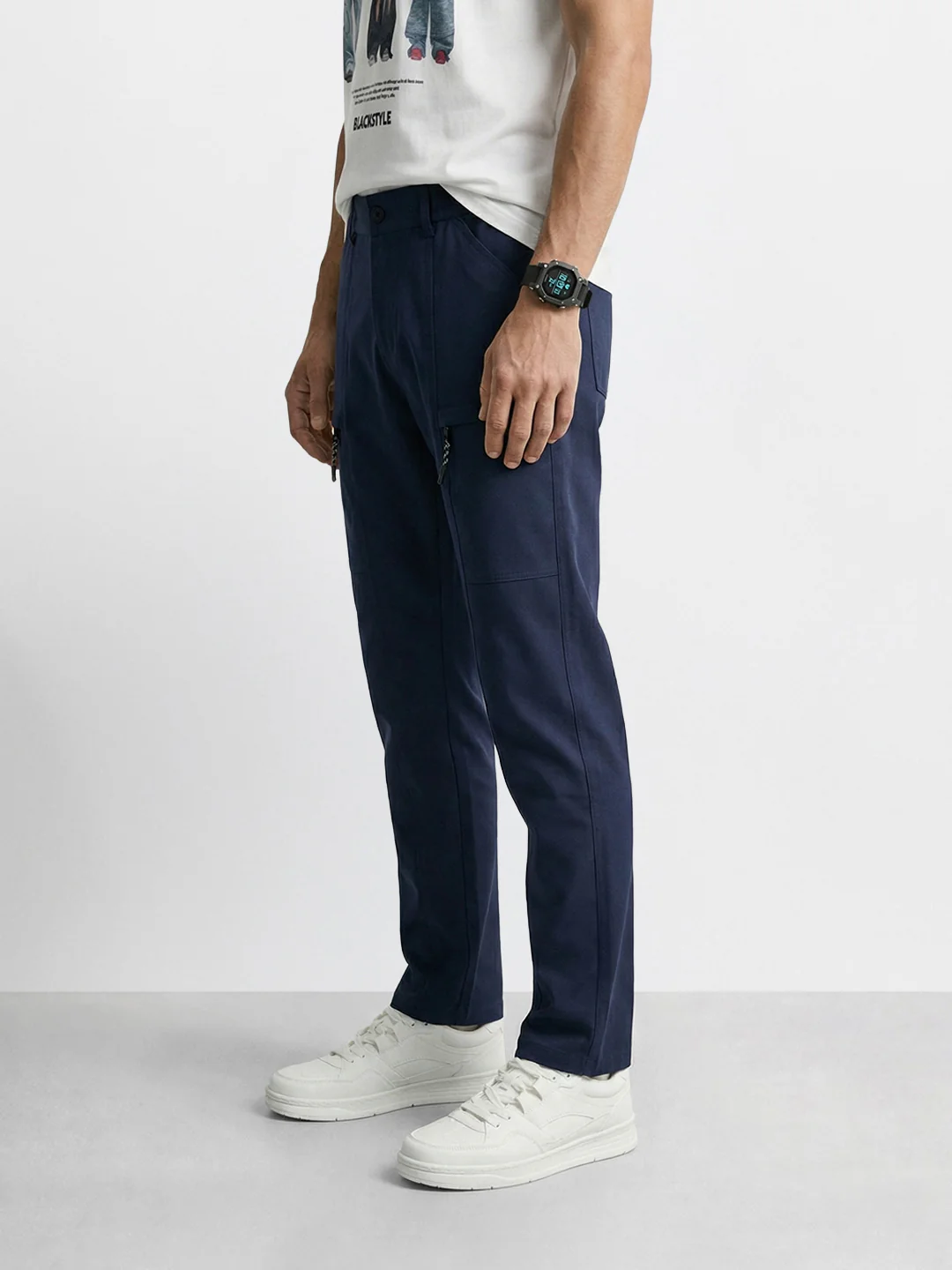 Men's Blue Slim Fit Solid Utility Cargo - Image 2