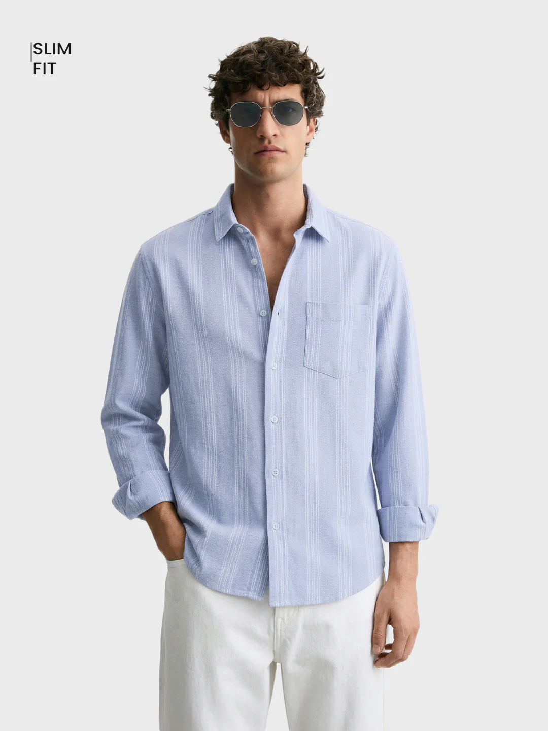 Men's Blue Slim Fit Striped Casual Shirt - Image 2
