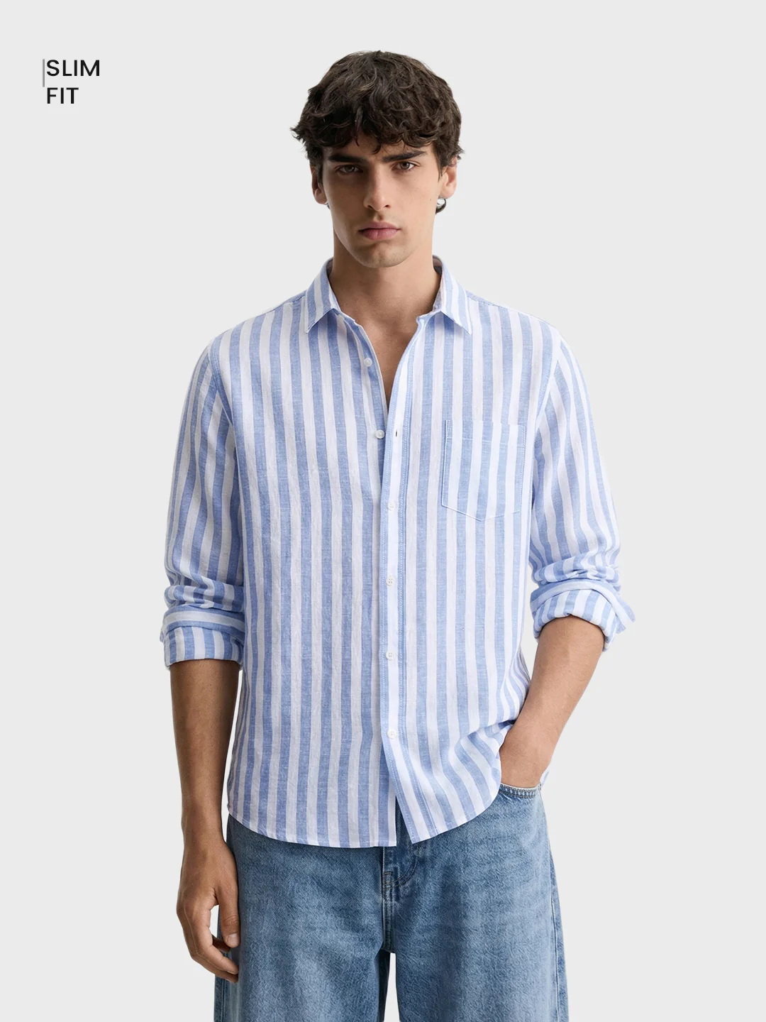 Men's Blue Slim Fit Striped Casual Shirt - Image 2