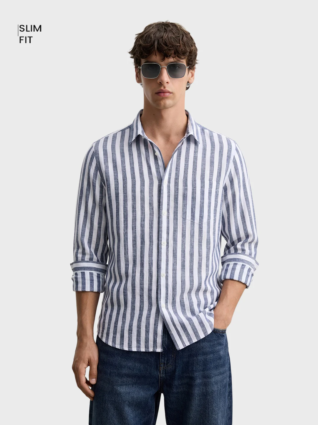 Men's Blue Slim Fit Striped Casual Shirt - Image 2