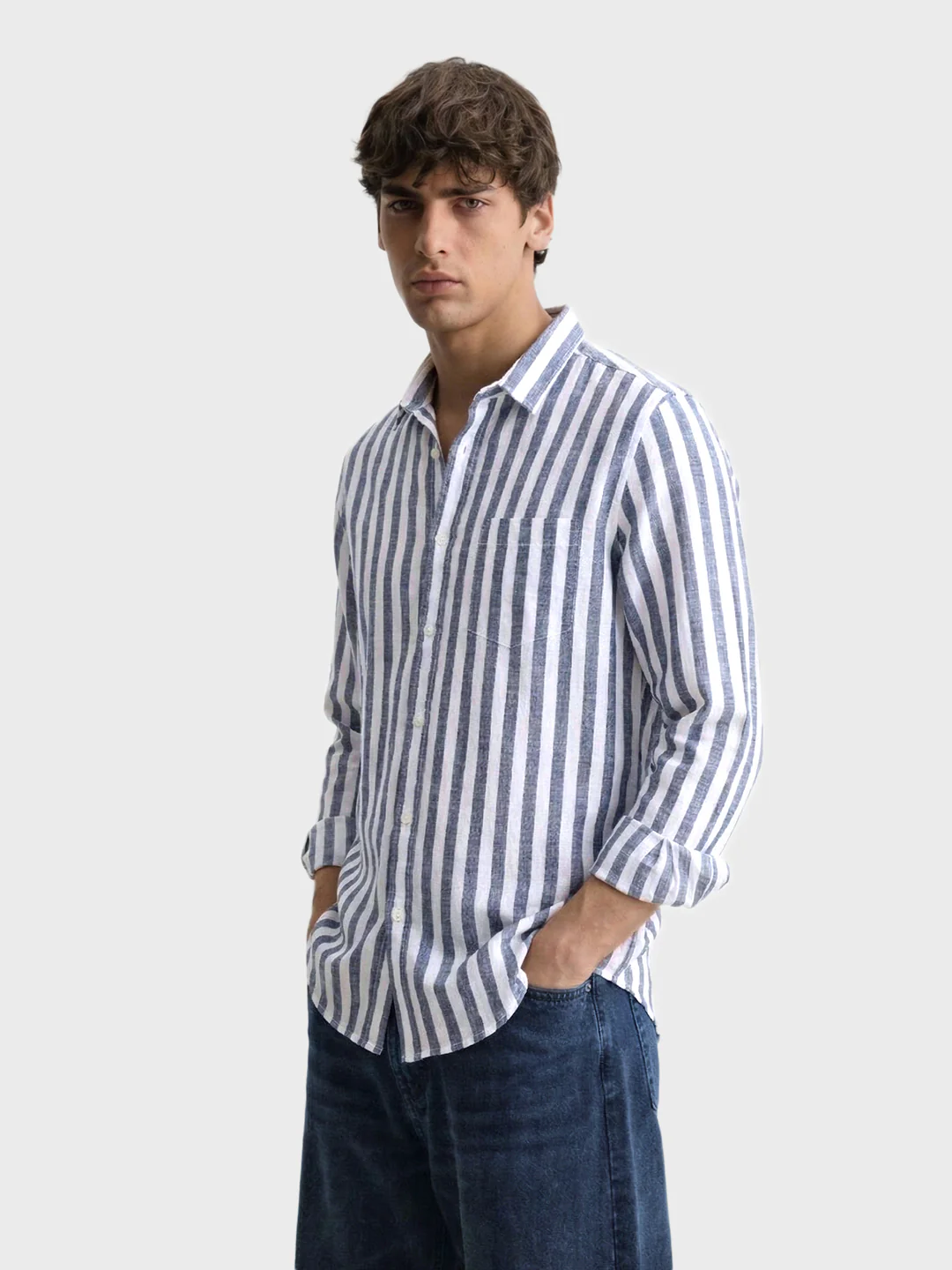 Men's Blue Slim Fit Striped Casual Shirt - Image 4