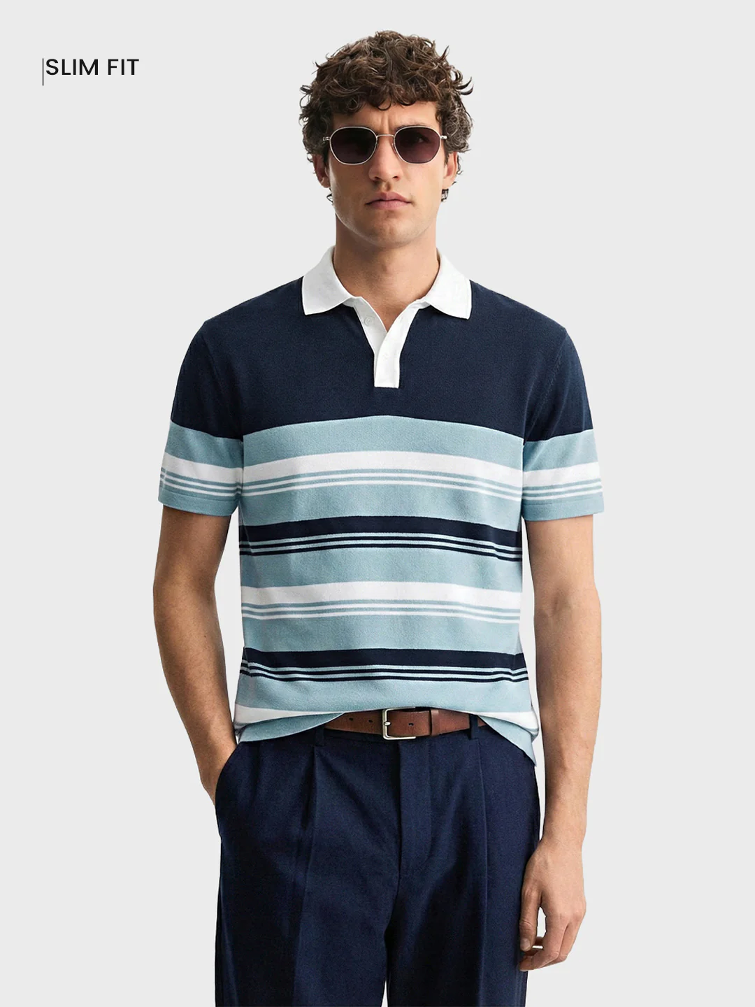 Men's Blue Slim Fit Striped Flat Knit T-Shirt - Image 2
