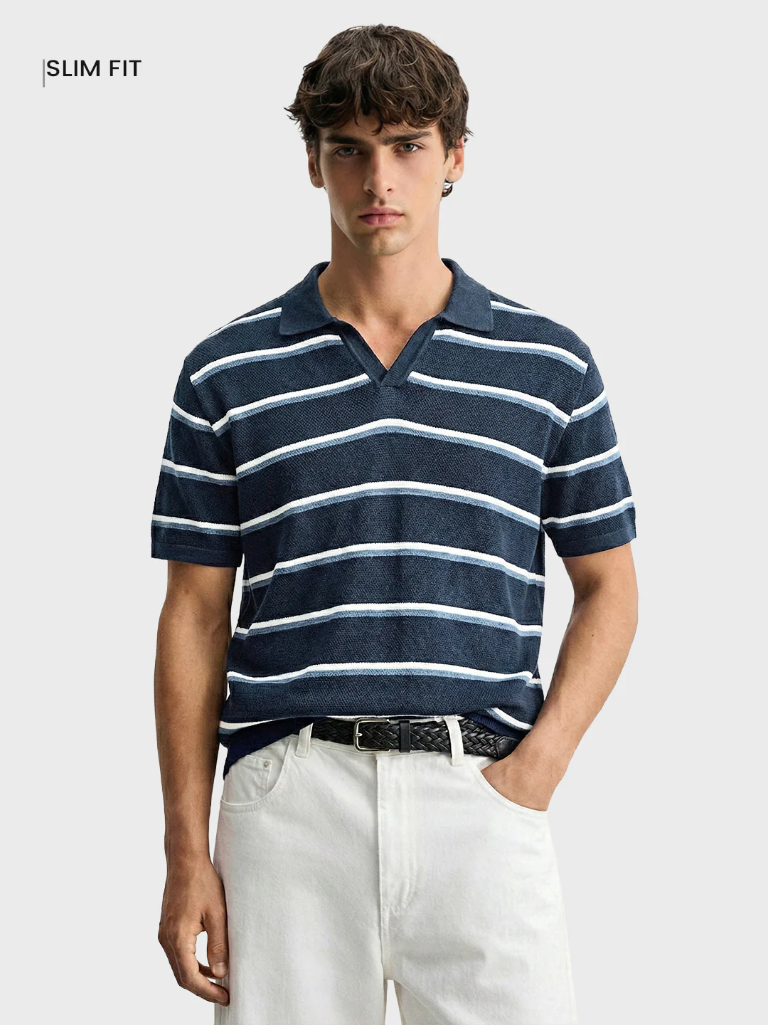 Men's Blue Slim Fit Striped Flat Knit T-Shirt - Image 2
