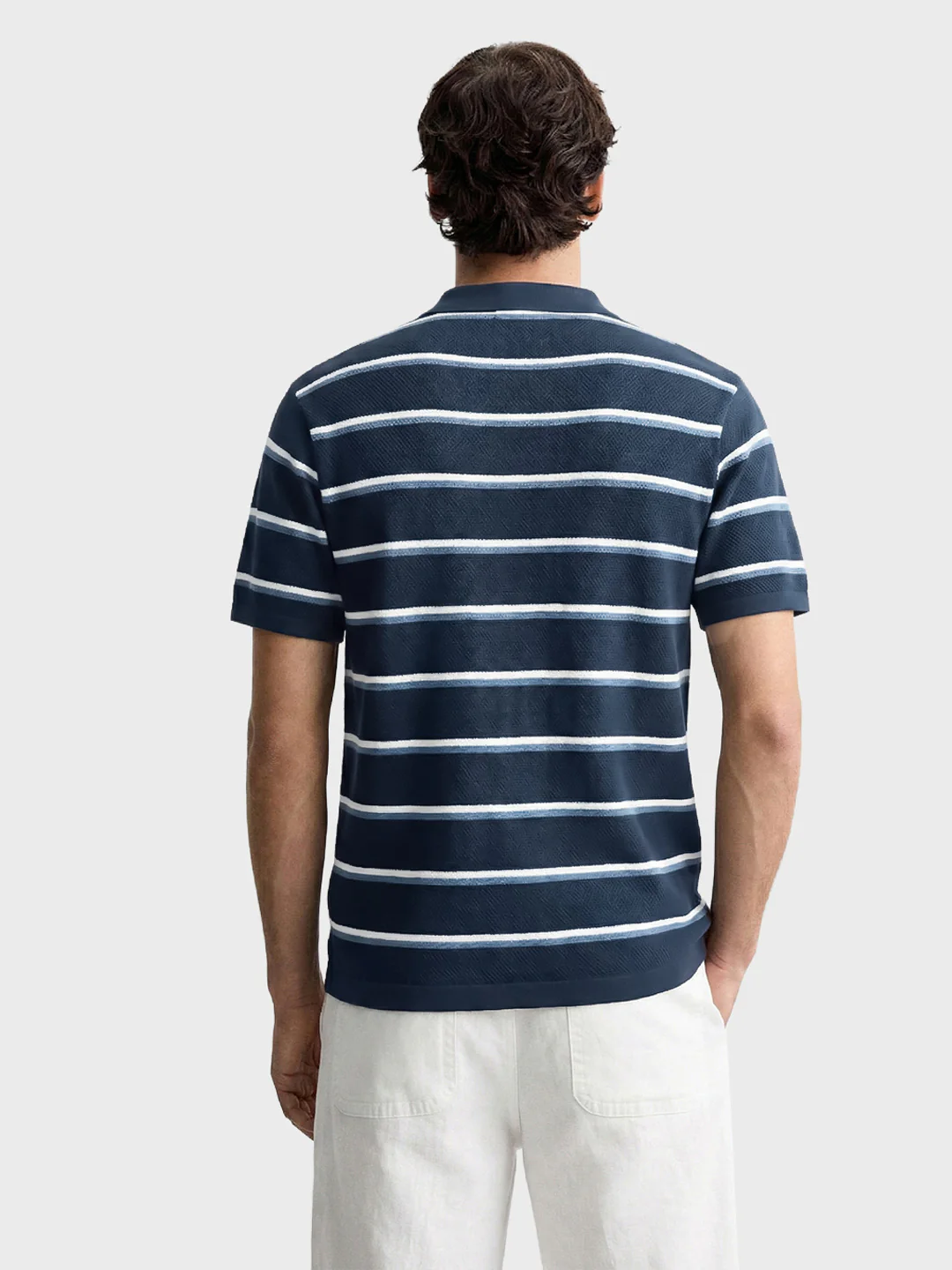 Men's Blue Slim Fit Striped Flat Knit T-Shirt - Image 4