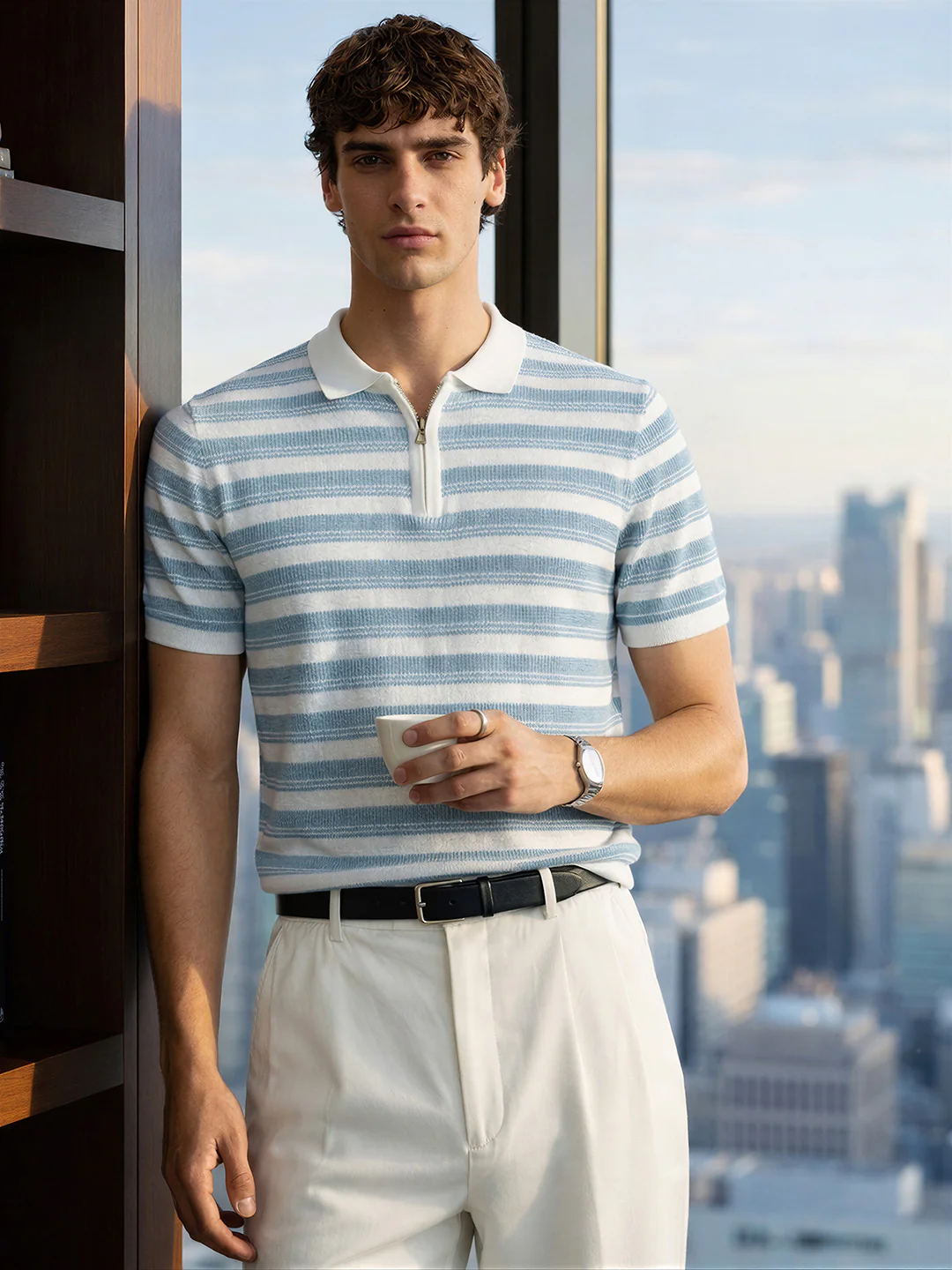 Men's Blue Slim Fit Striped Casual T-Shirt - Image 6