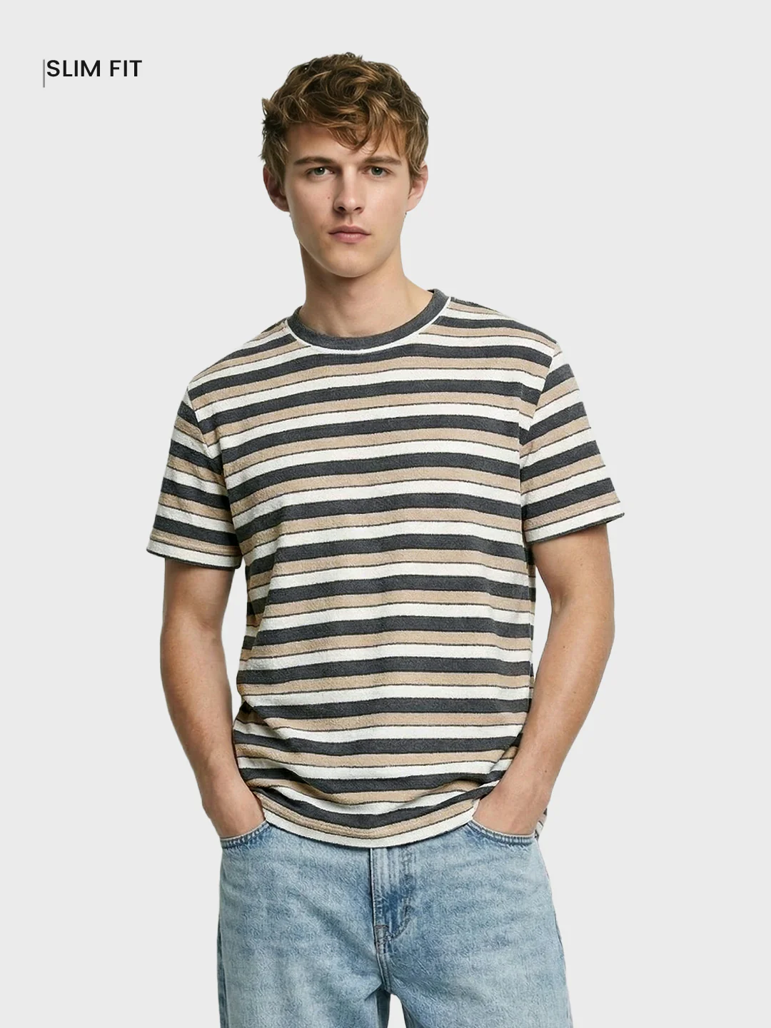 Men's Blue Slim Fit Striped Casual T-Shirt - Image 2