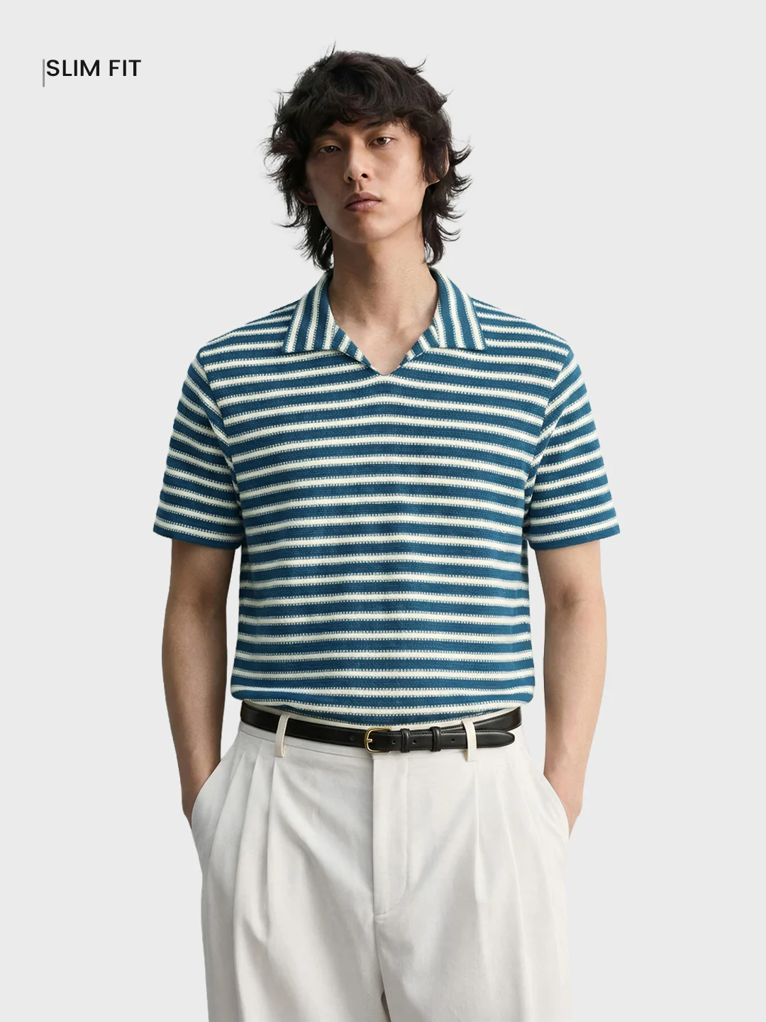 Men's Blue Slim Fit Striped Casual T-Shirt - Image 2