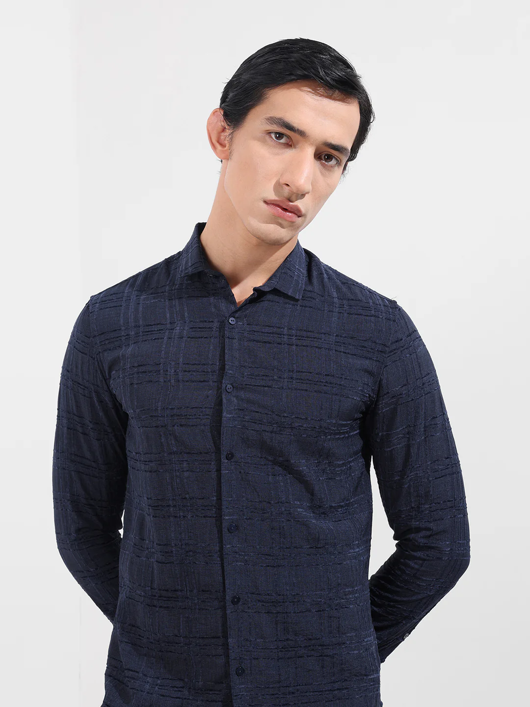 Men's Blue Slim Fit Textured Party Wear Shirt - Image 5