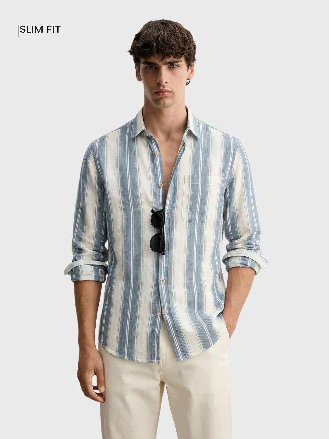 Men's Blue Slim Fit Vertical Stripes Casual Shirt - Image 2