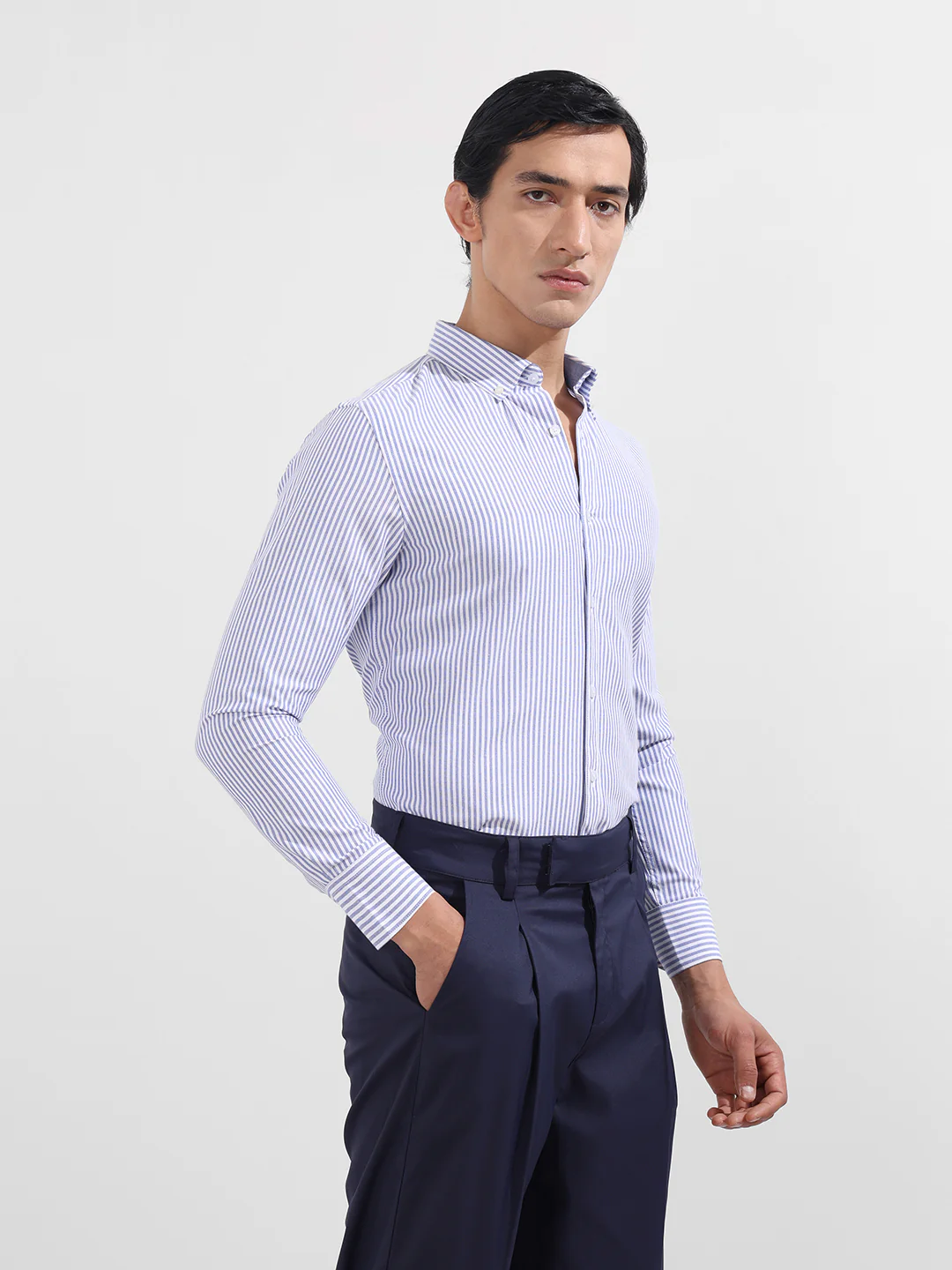 Men's Blue Slim Fit Vertical Stripes Formal Shirt - Image 3