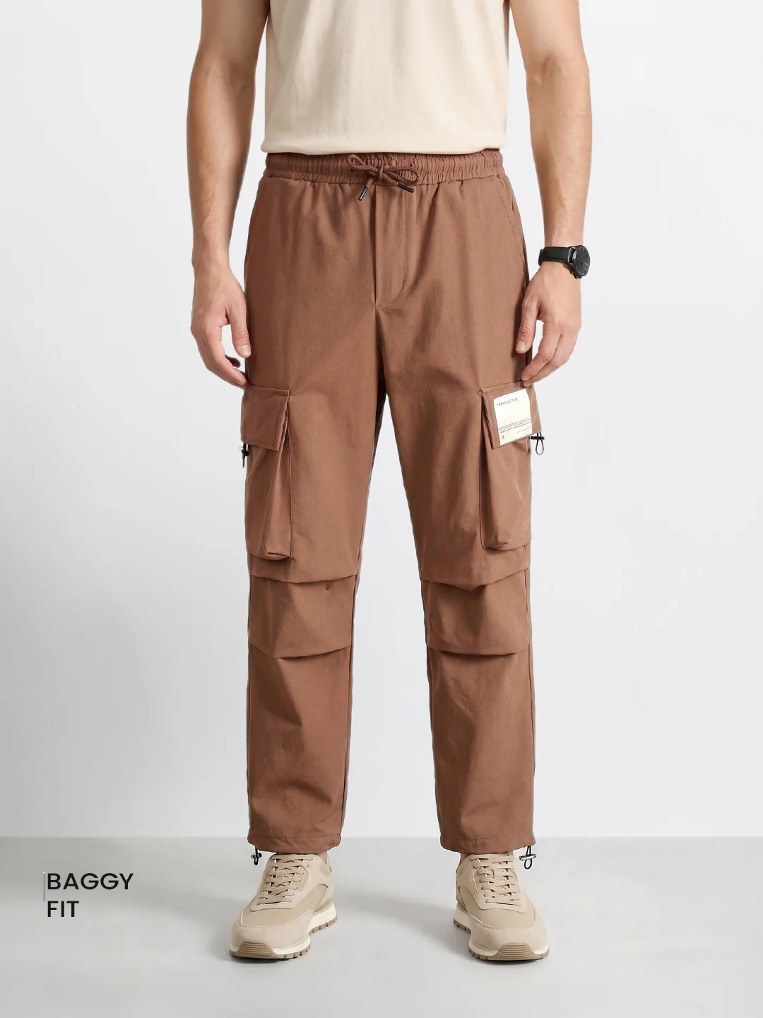 Men's Brown Baggy Fit Solid Utility Cargos - Image 2