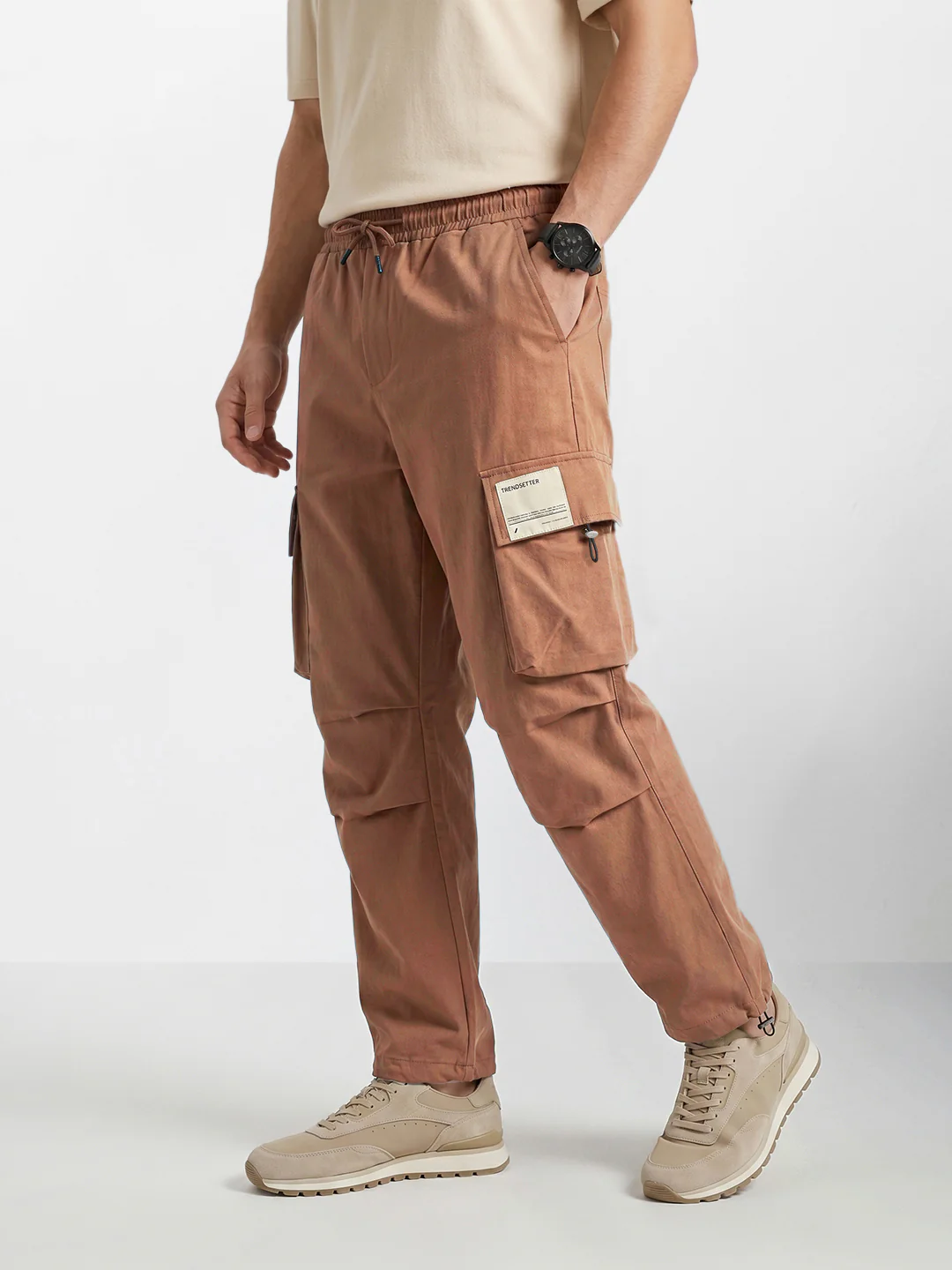 Men's Brown Baggy Fit Solid Utility Cargos - Image 3