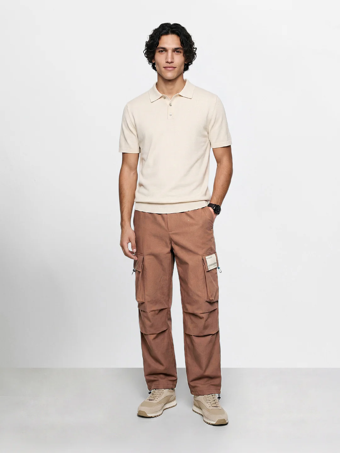 Men's Brown Baggy Fit Solid Utility Cargos - Image 6