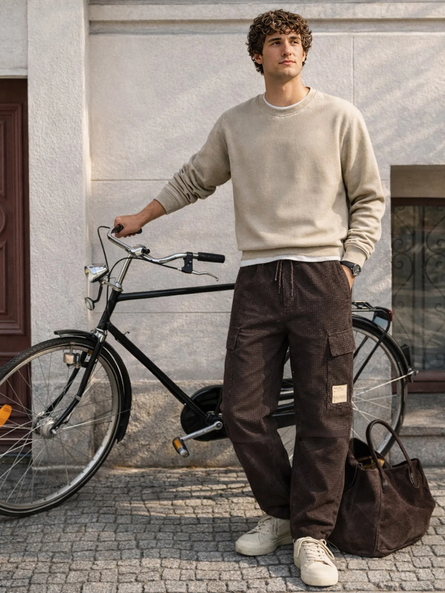Men's Brown Baggy Fit Textured Utility Cargo - Image 4