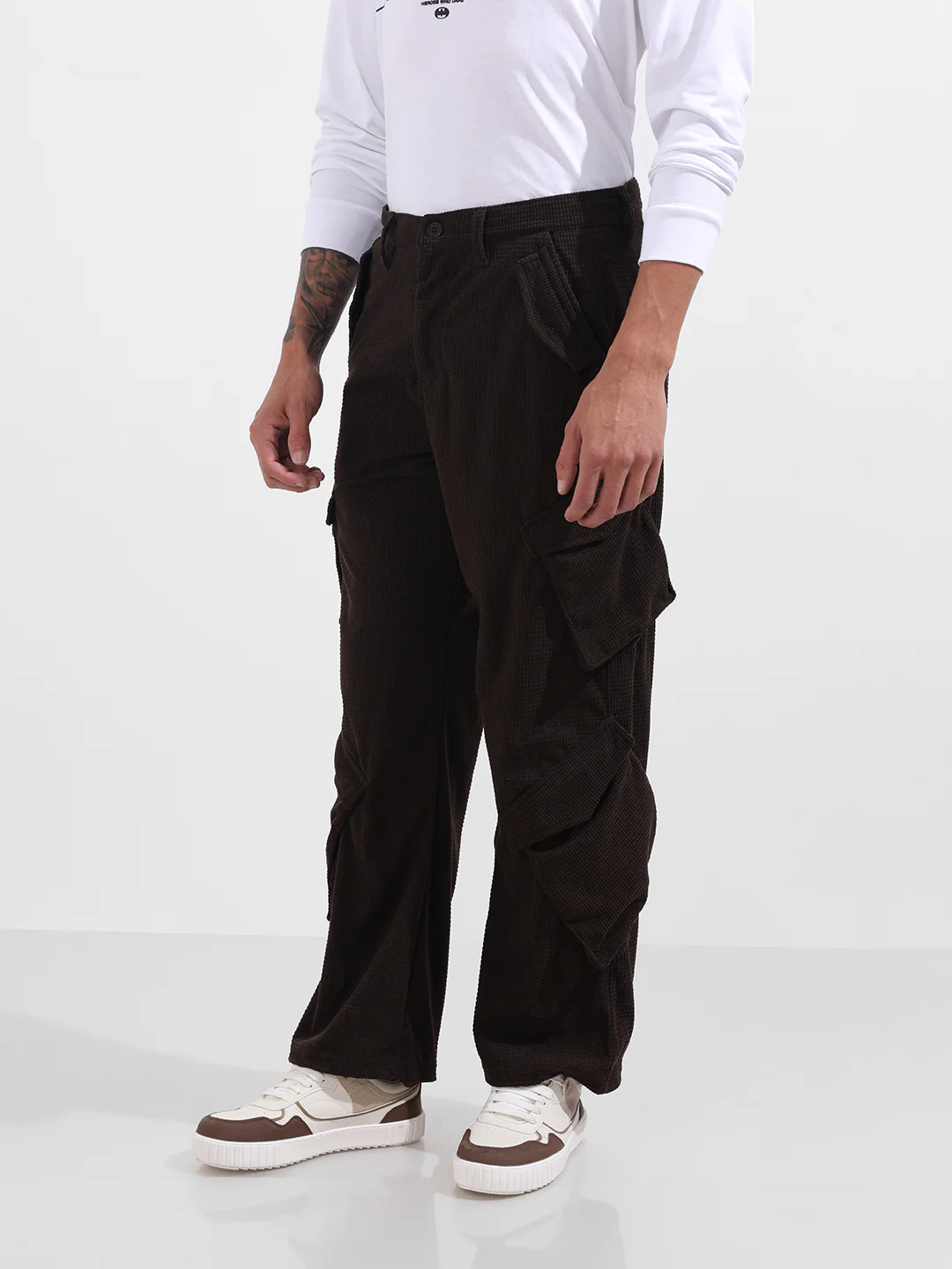 Men's Brown Baggy Fit Textured Utility Cargo - Image 3