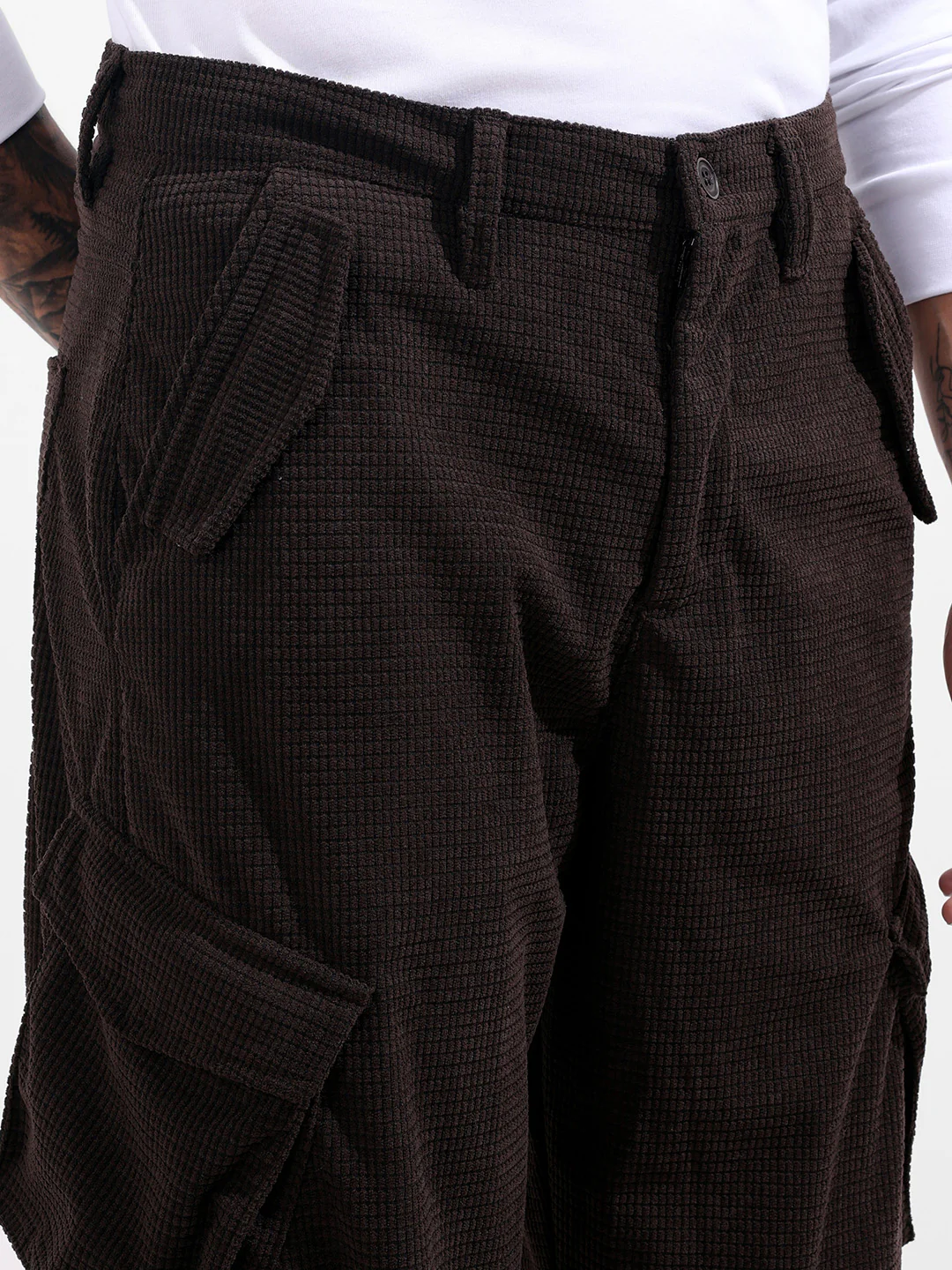 Men's Brown Baggy Fit Textured Utility Cargo - Image 4