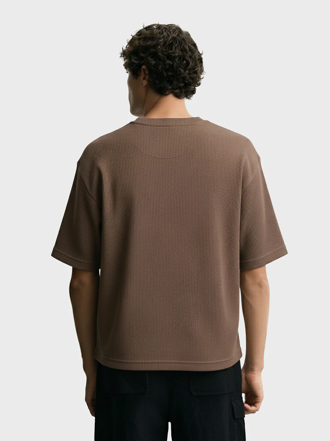 Men's Brown Boxy Fit Textured Casual T-Shirt - Image 2