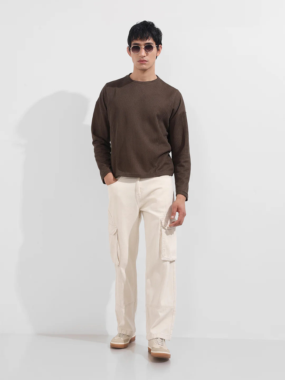 Men's Brown Boxy Fit Textured Casual T-Shirt - Image 2