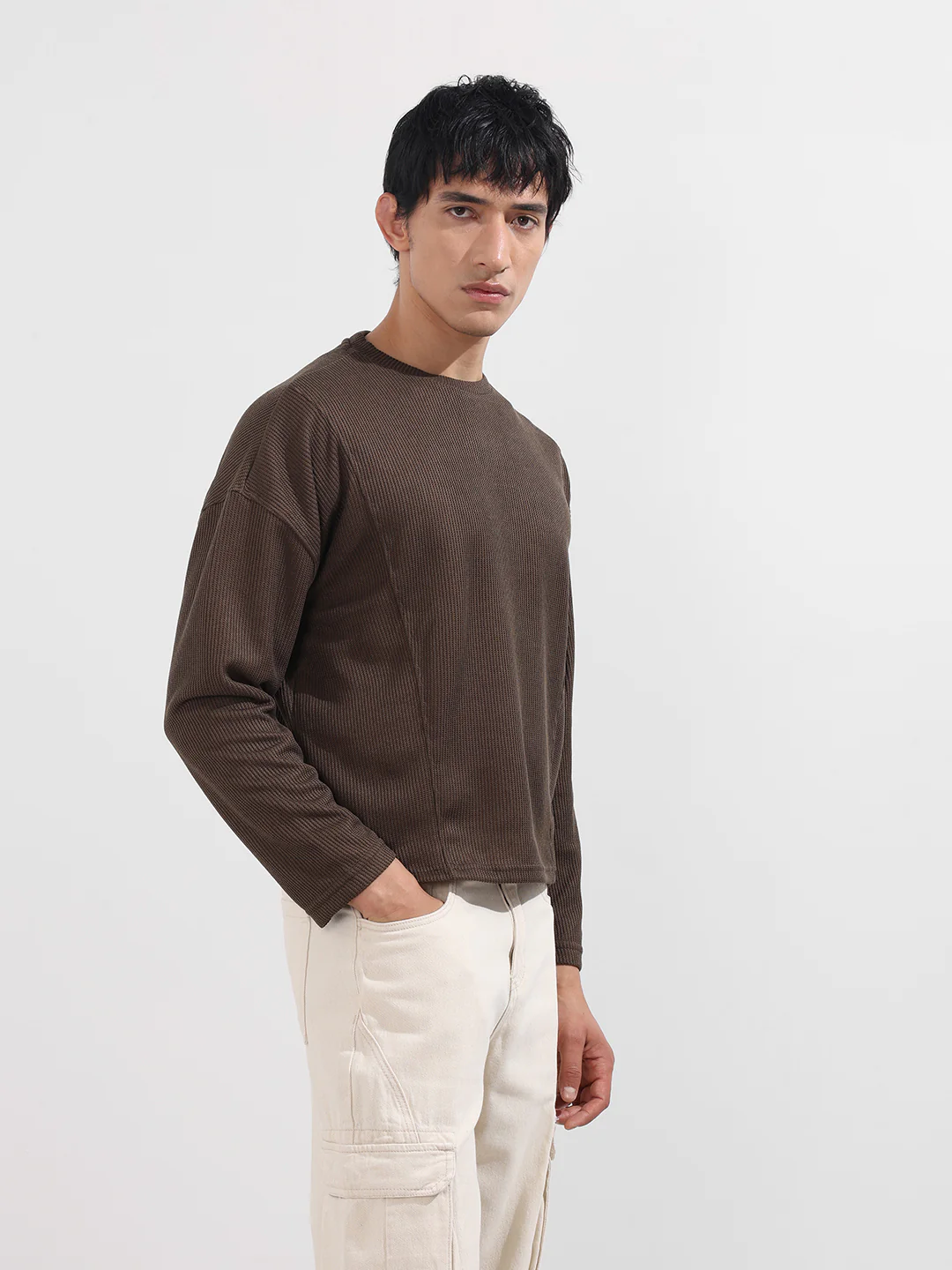 Men's Brown Boxy Fit Textured Casual T-Shirt - Image 3