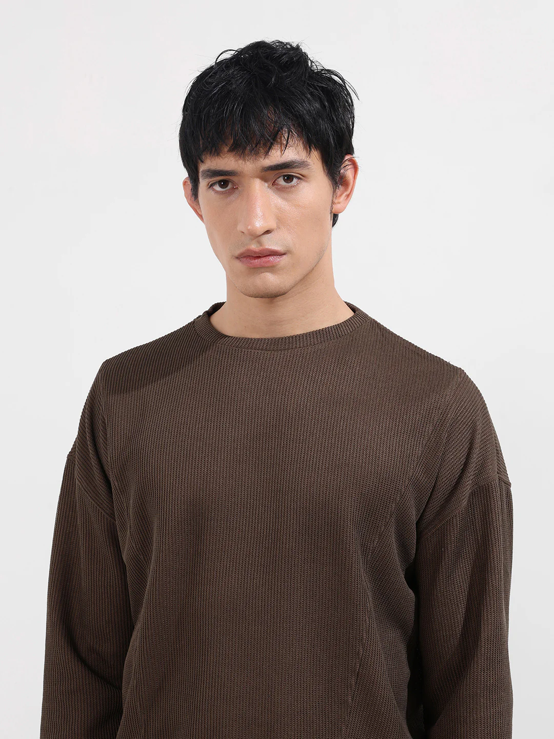 Men's Brown Boxy Fit Textured Casual T-Shirt - Image 4
