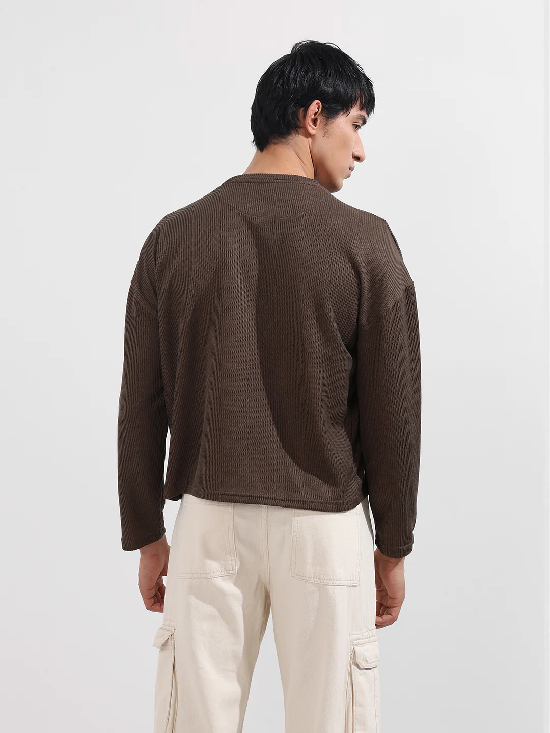 Men's Brown Boxy Fit Textured Casual T-Shirt - Image 5