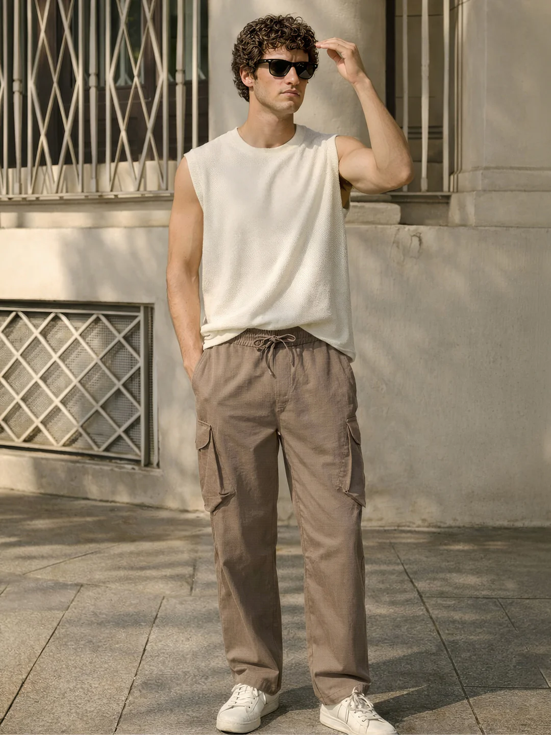 Men's Brown Loose Fit Solid Utility Cargo - Image 3