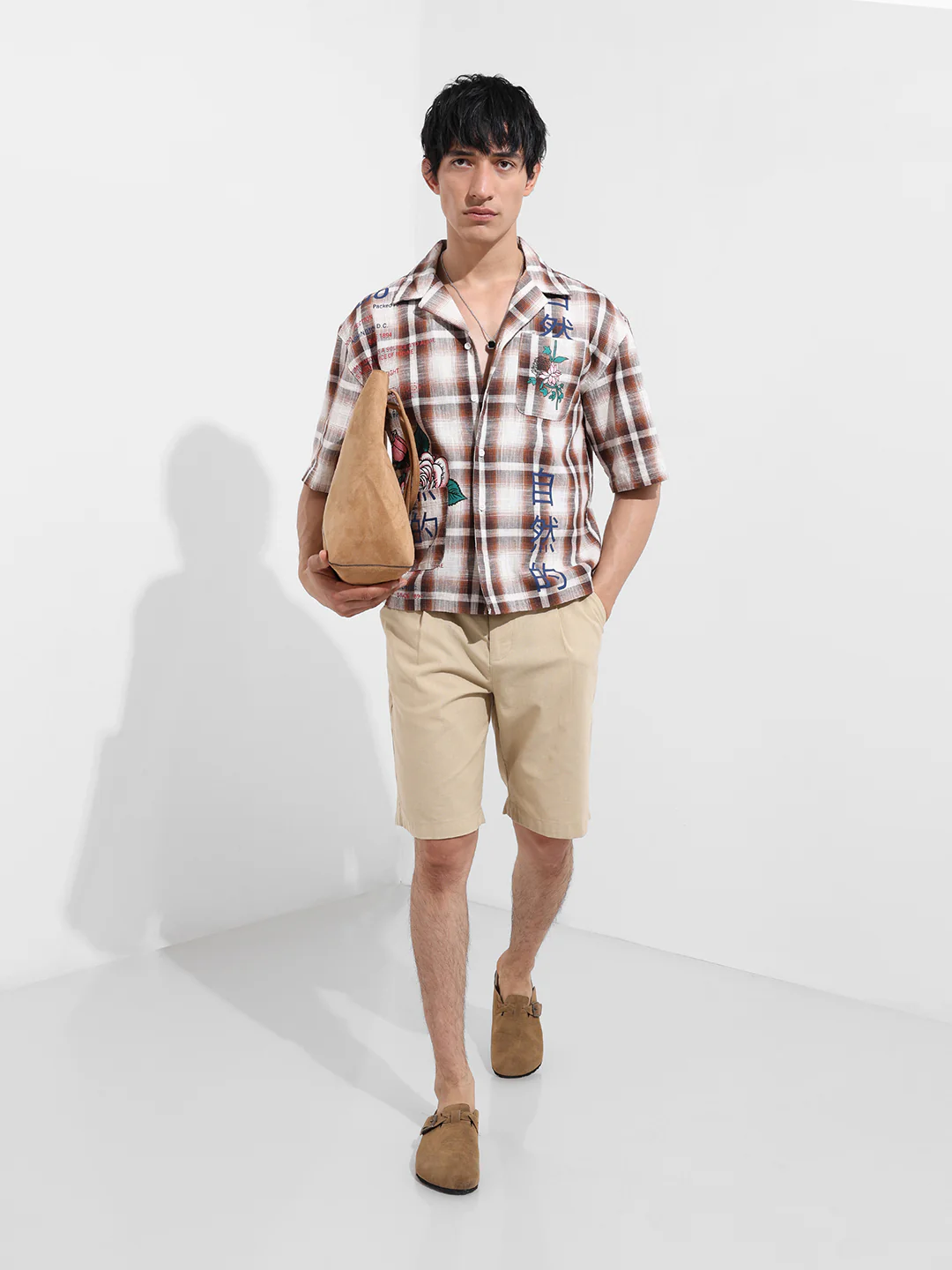 Men's Brown Oversized Fit Resort Wear Checked Shirt - Image 3