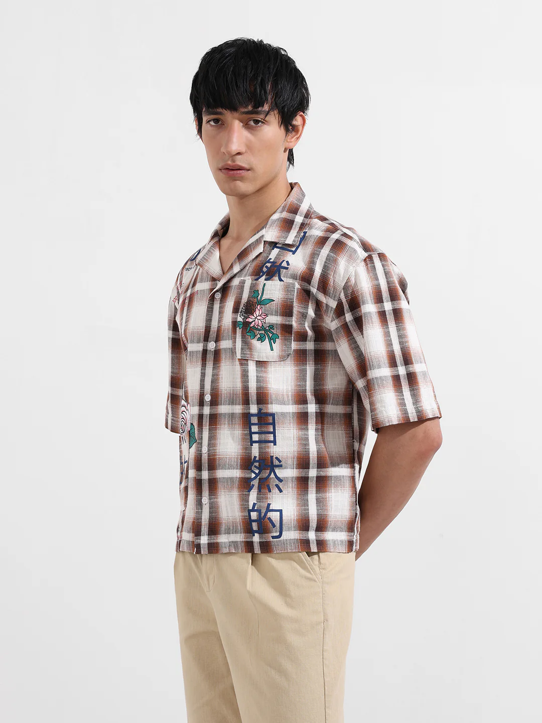 Men's Brown Oversized Fit Resort Wear Checked Shirt - Image 4