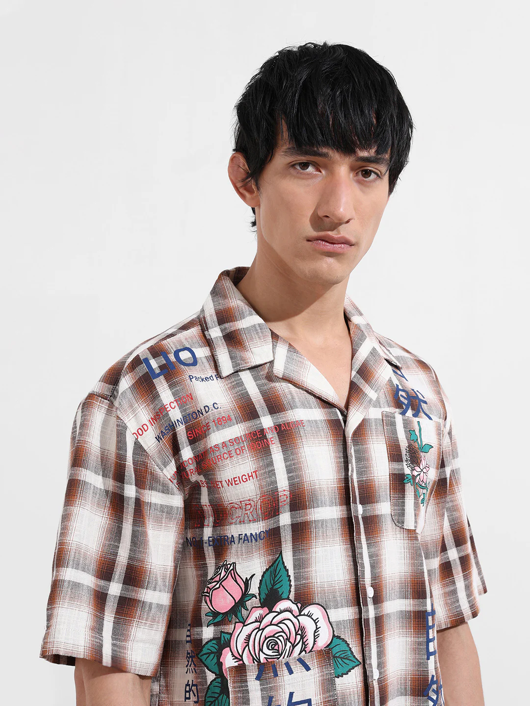 Men's Brown Oversized Fit Resort Wear Checked Shirt - Image 5