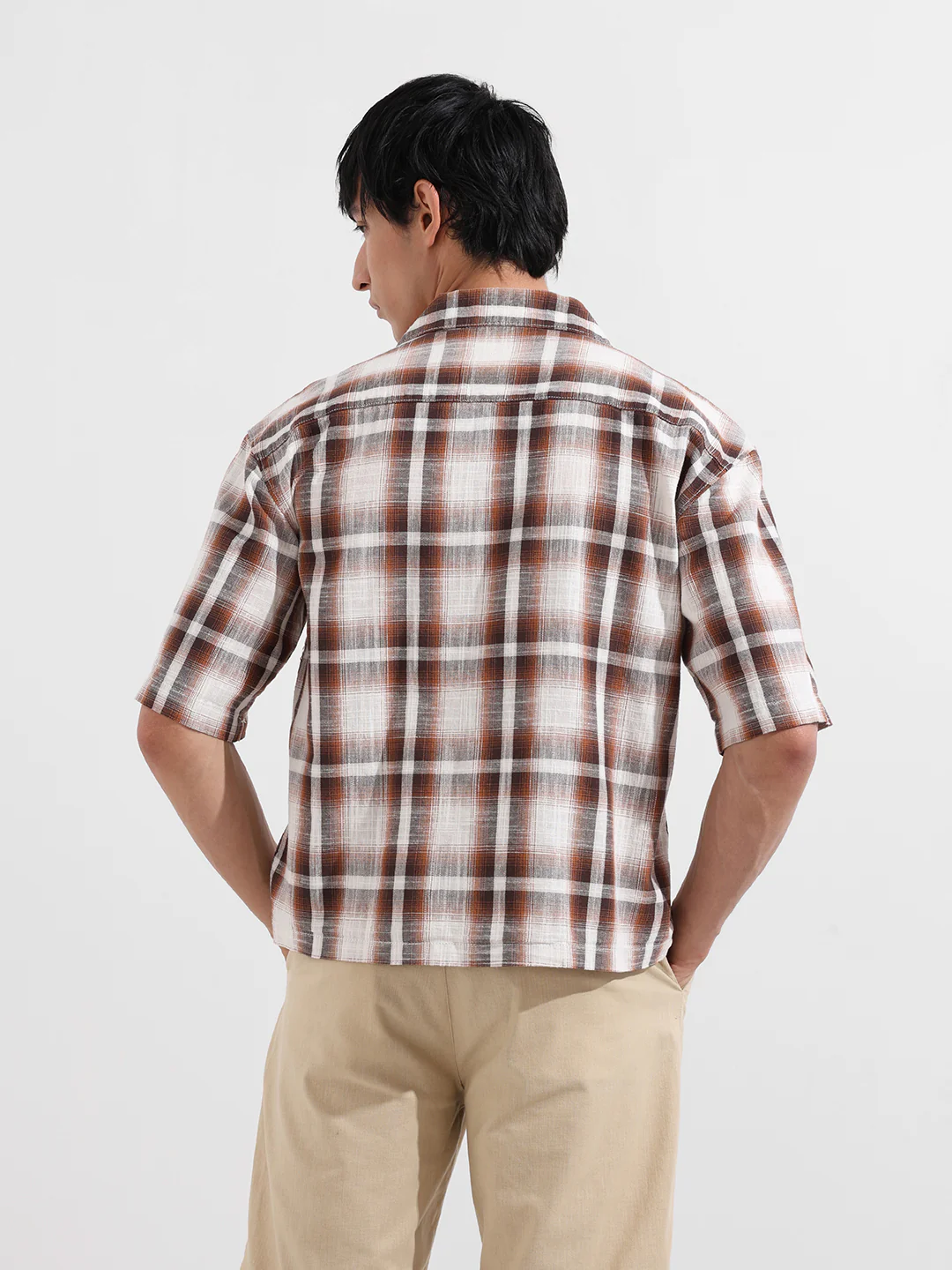 Men's Brown Oversized Fit Resort Wear Checked Shirt - Image 6