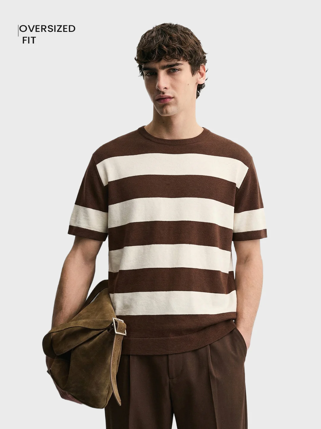 Men's Brown Oversized Fit Striped Casual T-Shirt - Image 2