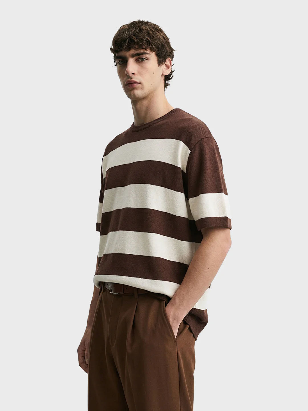Men's Brown Oversized Fit Striped Casual T-Shirt - Image 3