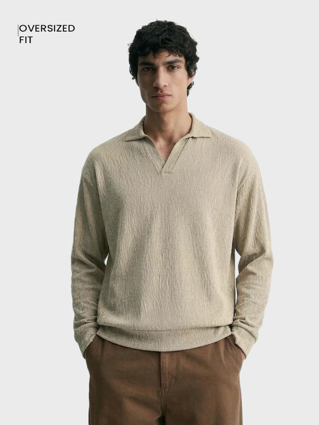 Men's Brown Oversized Fit Textured Casual T-Shirts - Image 2