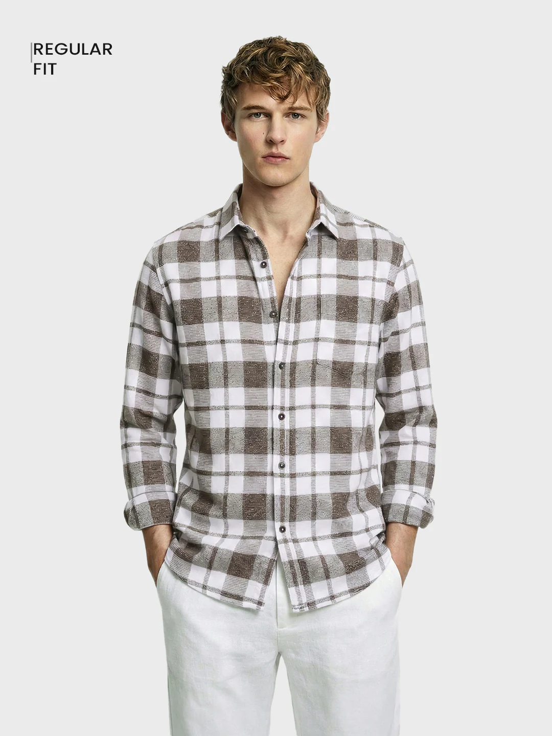 Men's Brown Regular Fit Checkered Casual Shirt - Image 2