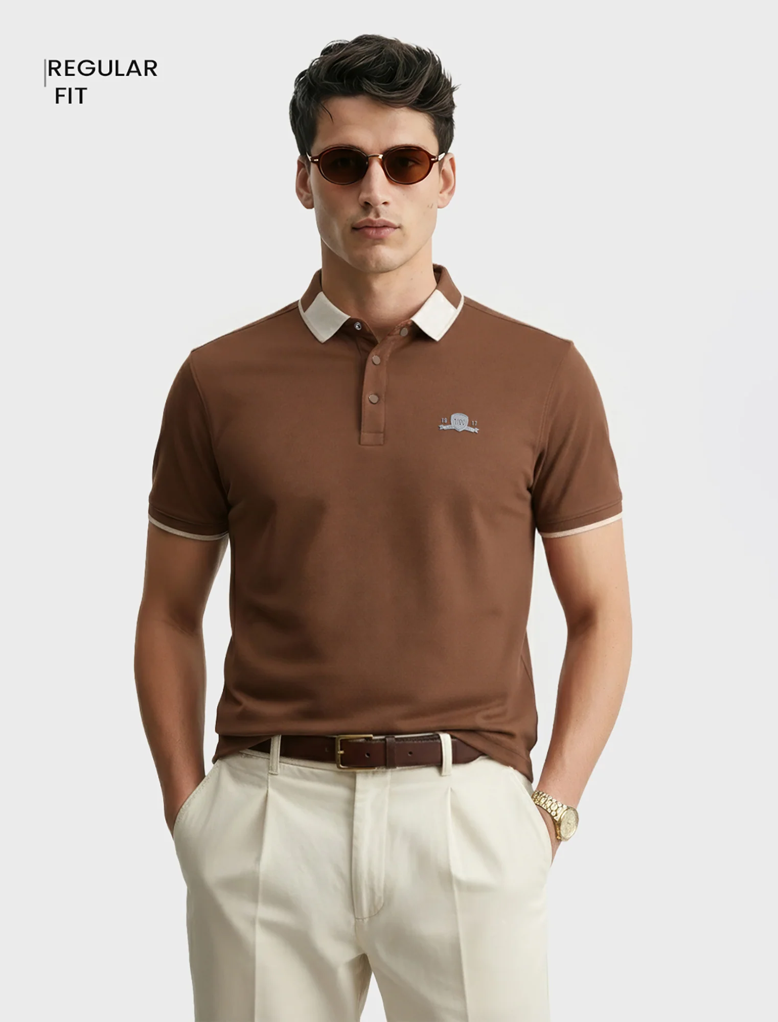 Men's Brown Regular Fit Embroidered Casual T-Shirts - Image 2