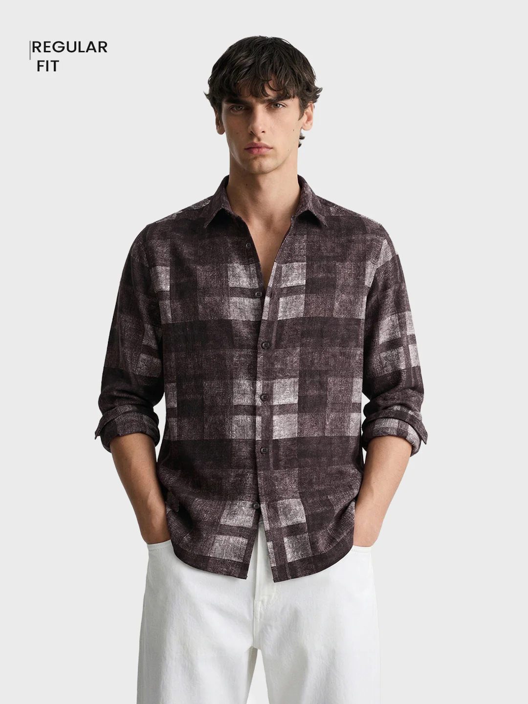 Men's Brown Regular Fit Checkered Casual Shirt - Image 2