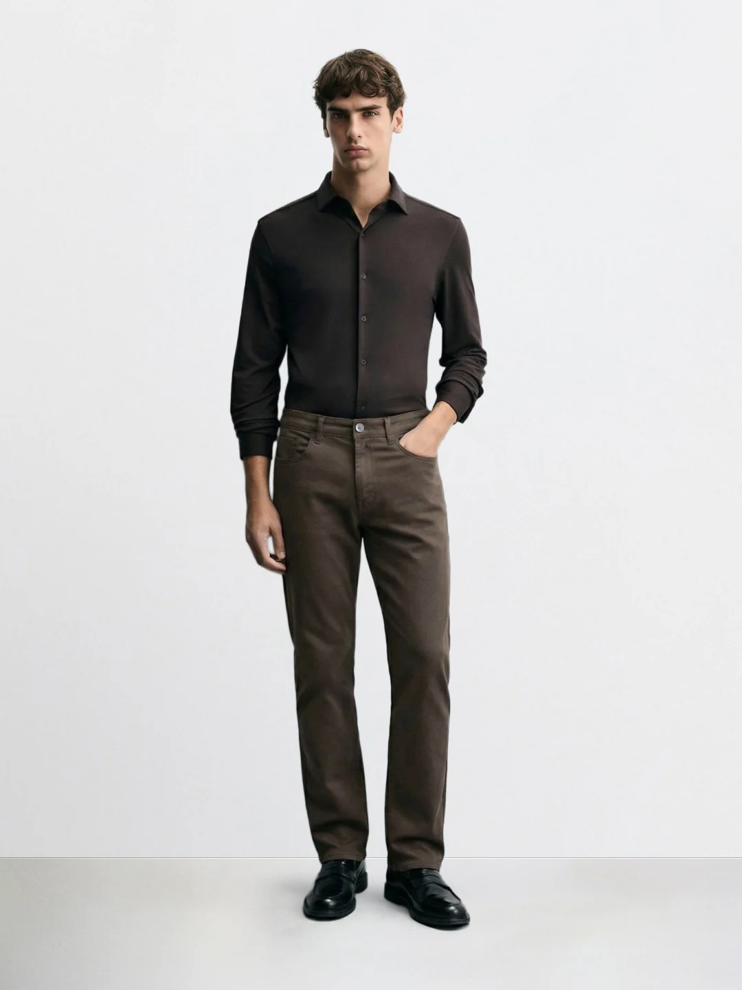 Men's Brown Regular Fit Solid Casual Chinos - Image 3