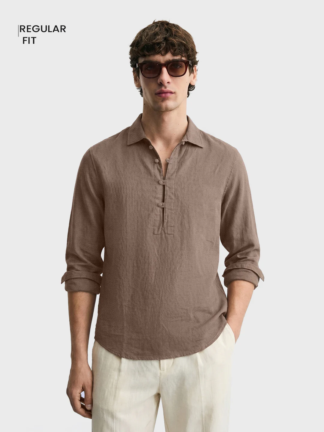 Men's Brown Regular Fit Solid Casual Shirts - Image 2