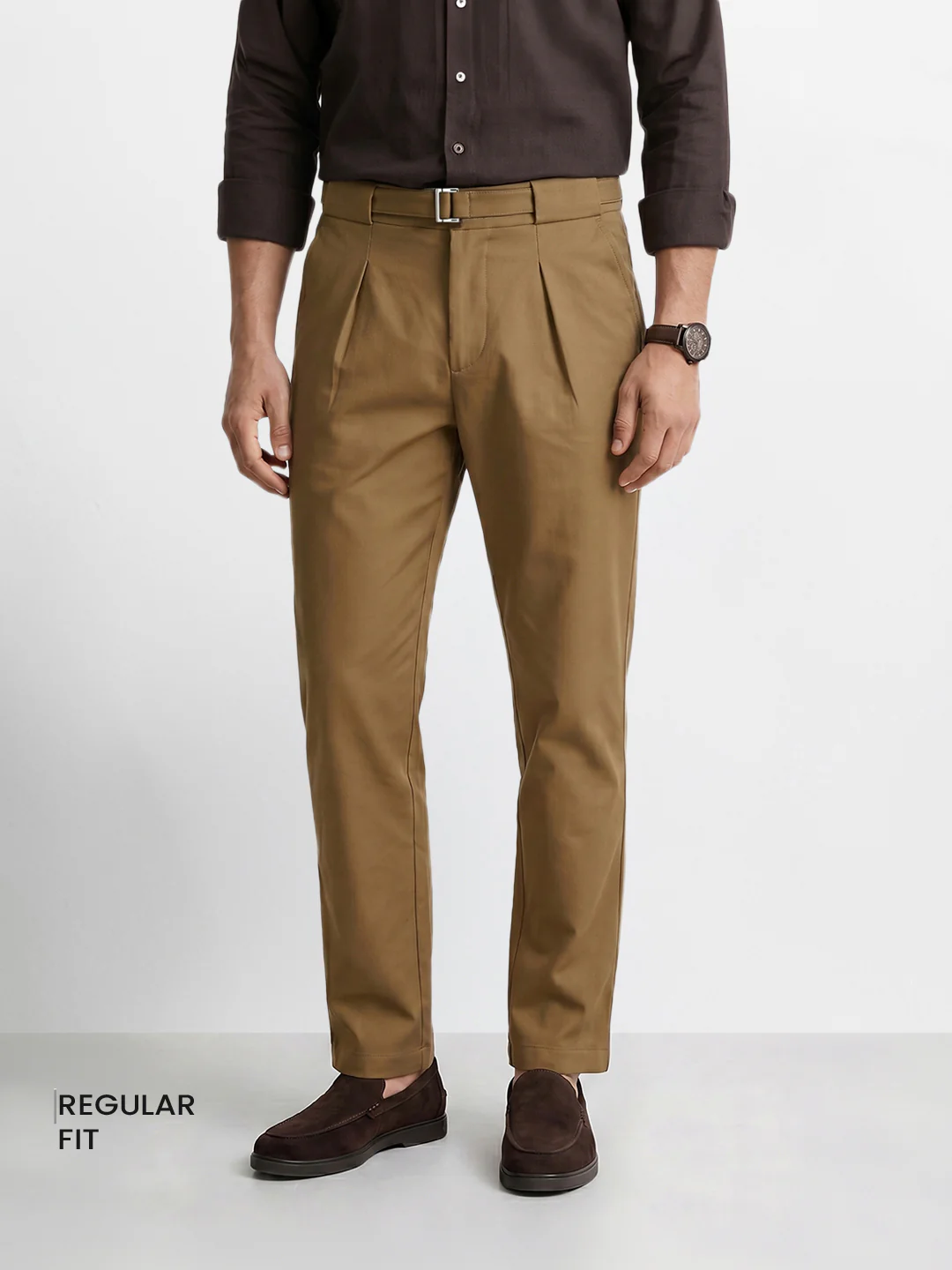 Men's Brown Regular Fit Solid Casual Trousers - Image 2