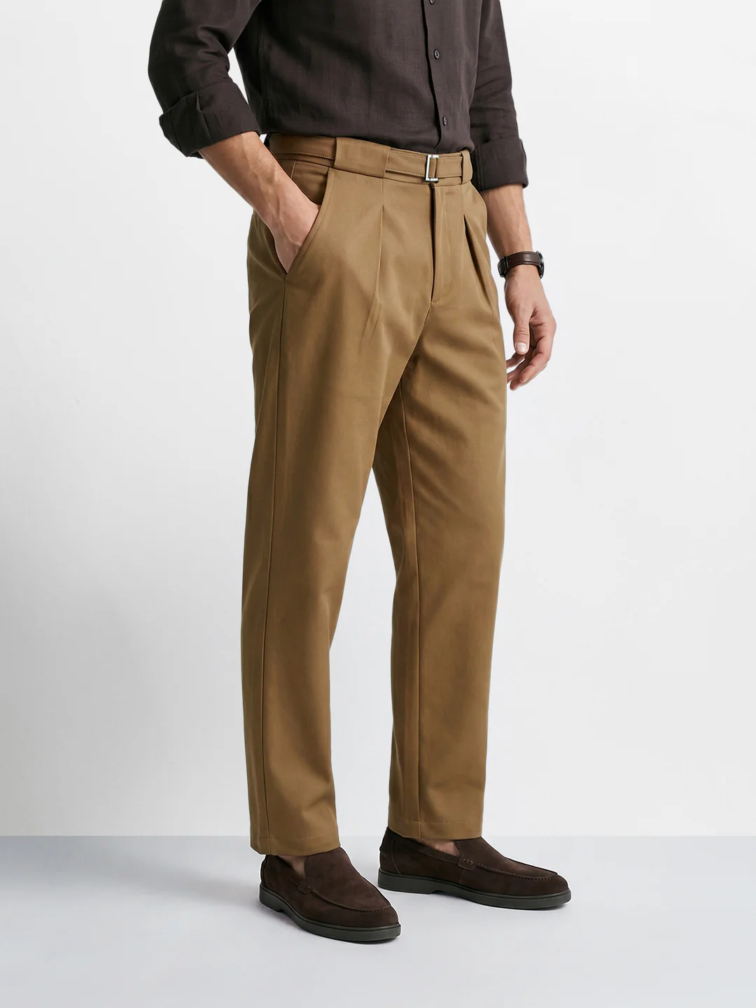 Men's Brown Regular Fit Solid Casual Trousers - Image 3