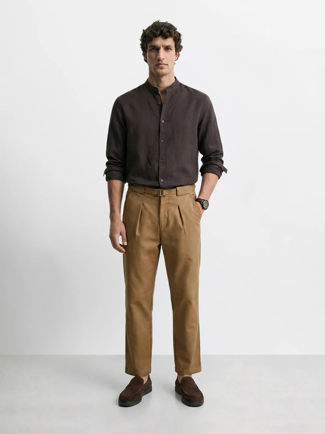 Men's Brown Regular Fit Solid Casual Trousers - Image 6