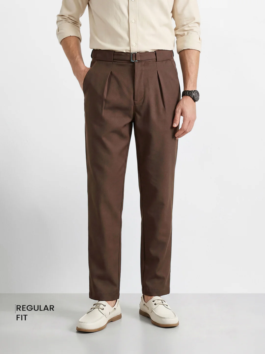Men's Brown Regular Fit Solid Casual Trousers - Image 2
