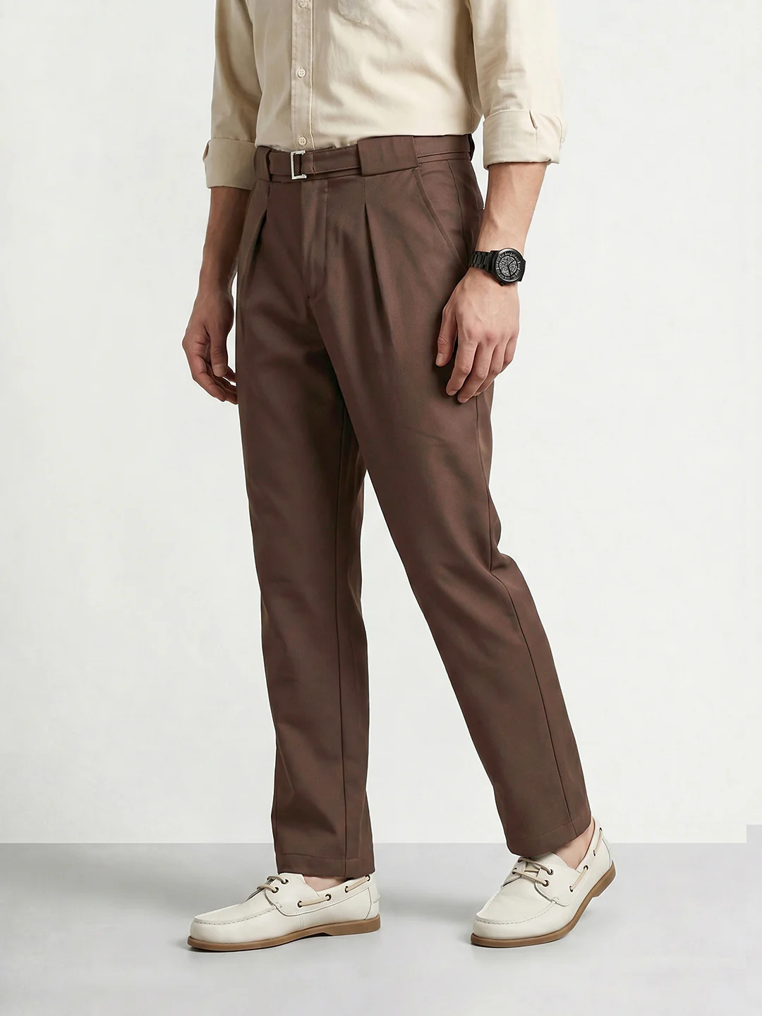 Men's Brown Regular Fit Solid Casual Trousers - Image 3