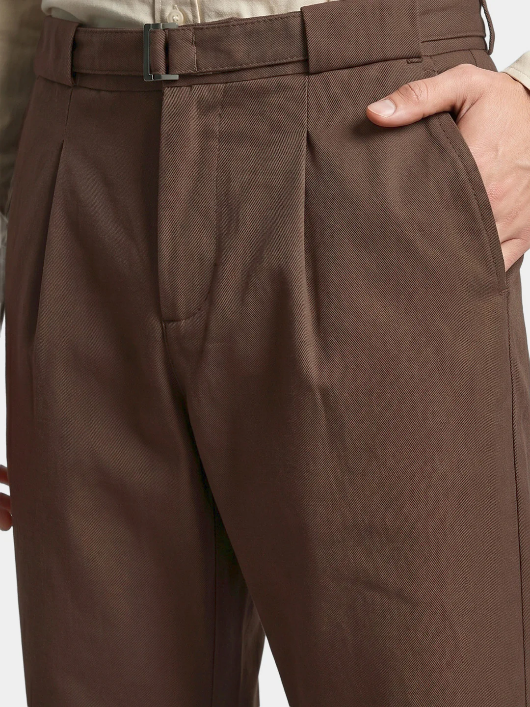 Men's Brown Regular Fit Solid Casual Trousers - Image 4