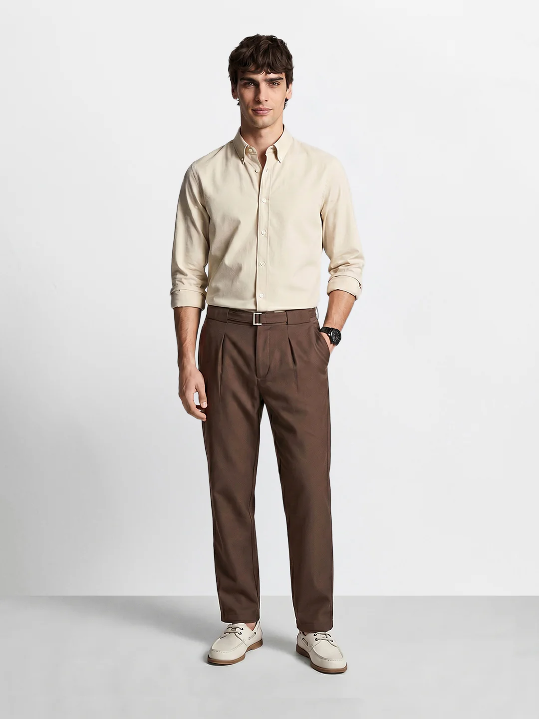 Men's Brown Regular Fit Solid Casual Trousers - Image 6